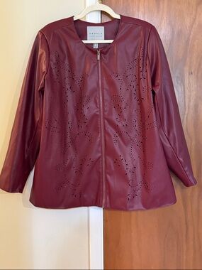 Susan Graver Wine Faux Leather Zip Jacket with Laser-Cut Detail